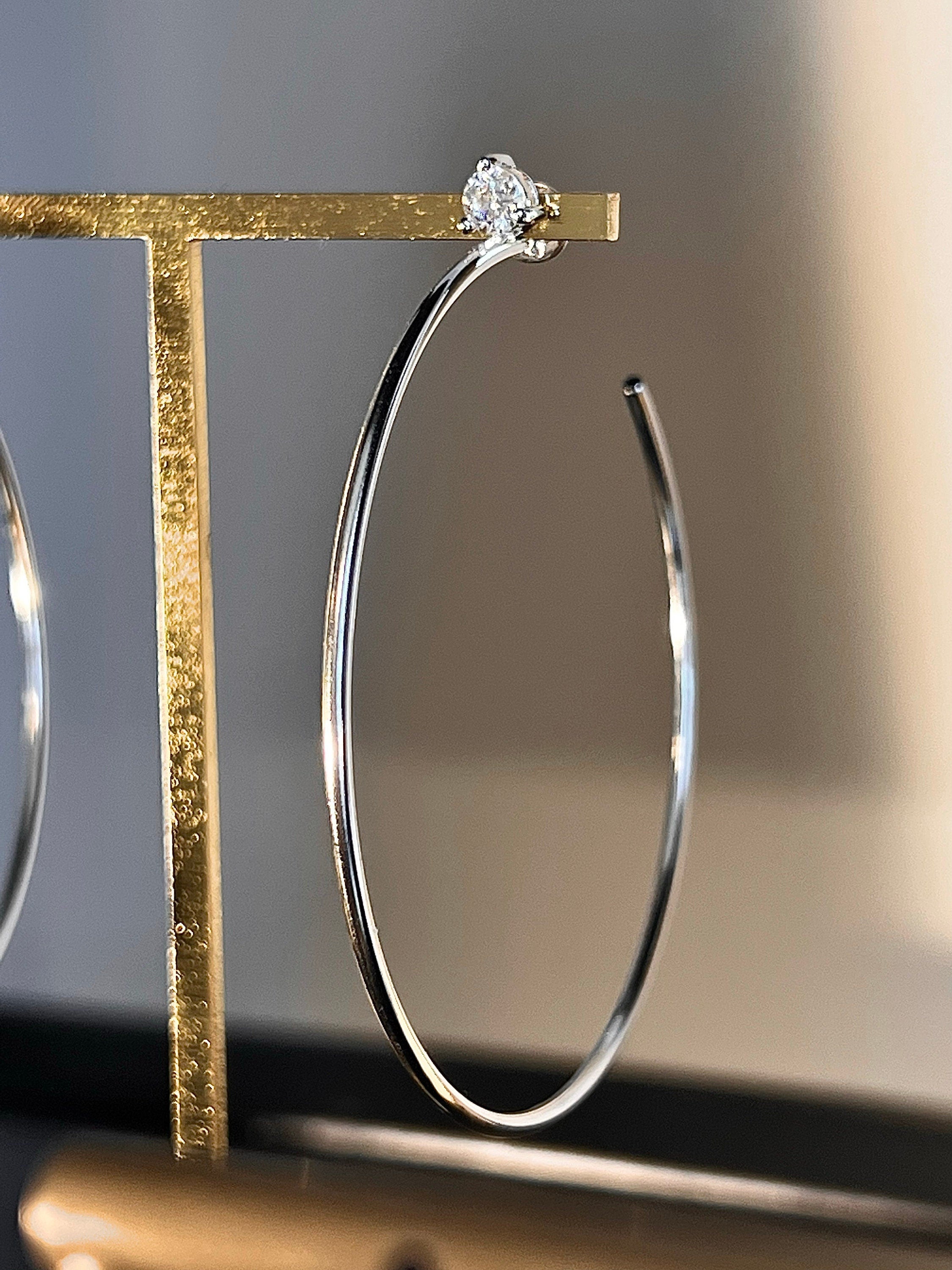 Moissanite Hoop Earrings. Diamond Cut Stone 6 mm. Sterling Silver 925.