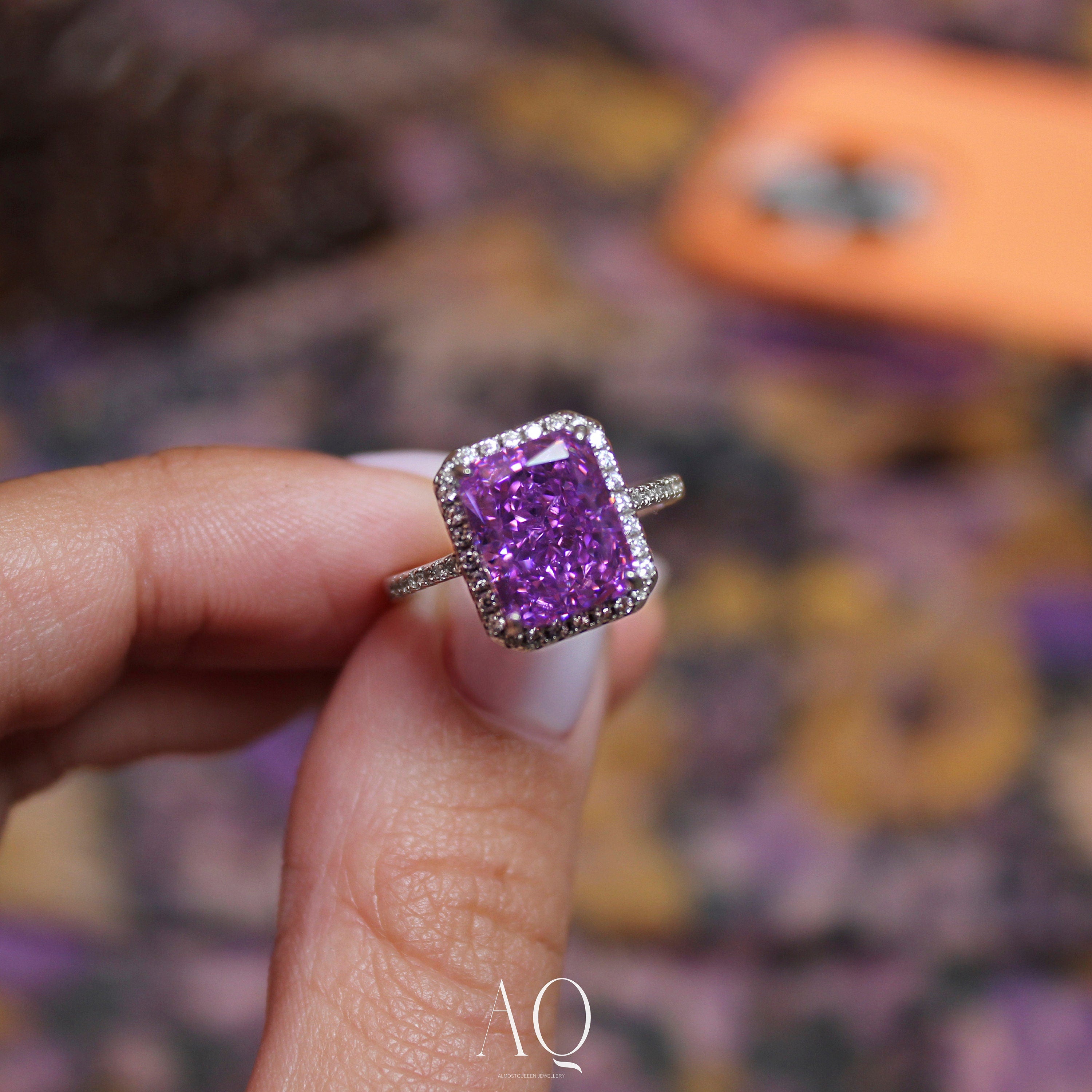 Gorgeous Purple Ring. High Carbon Diamonds + Rhodium-plated Sterling Silver 925