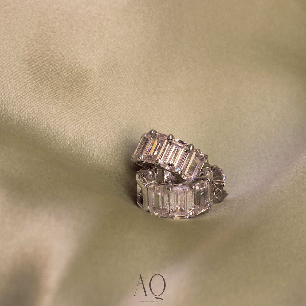 Magnificent Emerald Cut Mini Hoop Stud Earrings. Rhodium-plated Sterling Silver 925 + High Carbon Diamonds.