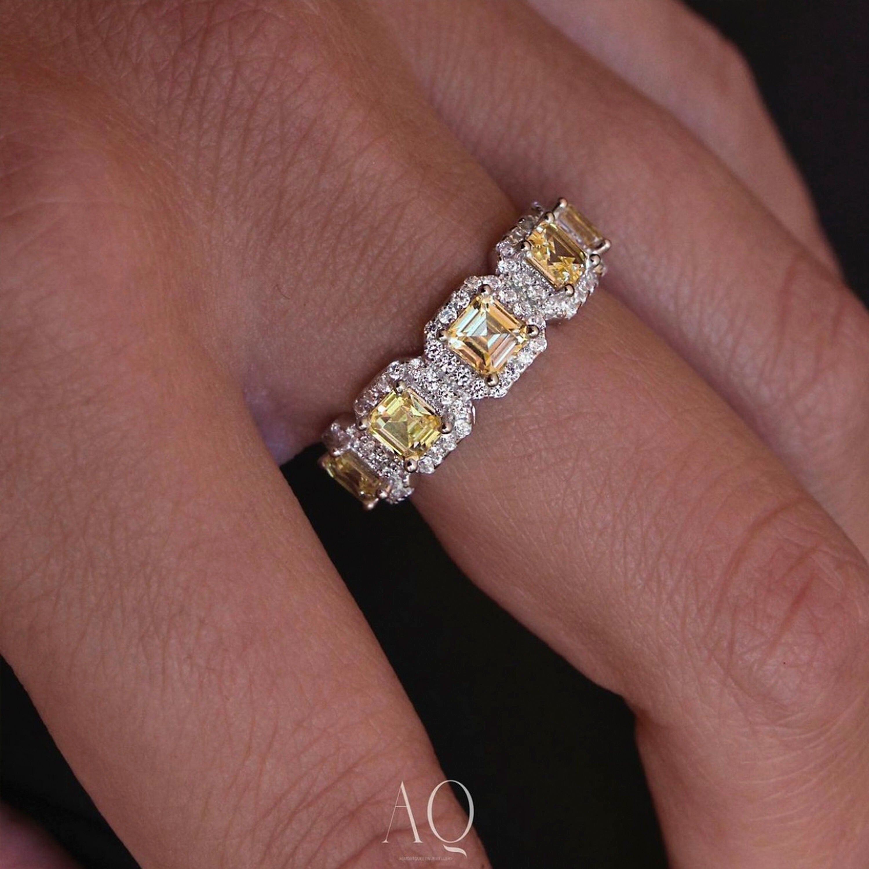 Sunny Royal Ring. Rhodium Plated Sterling Silver 925 + Light Yellow High Carbon Diamonds.