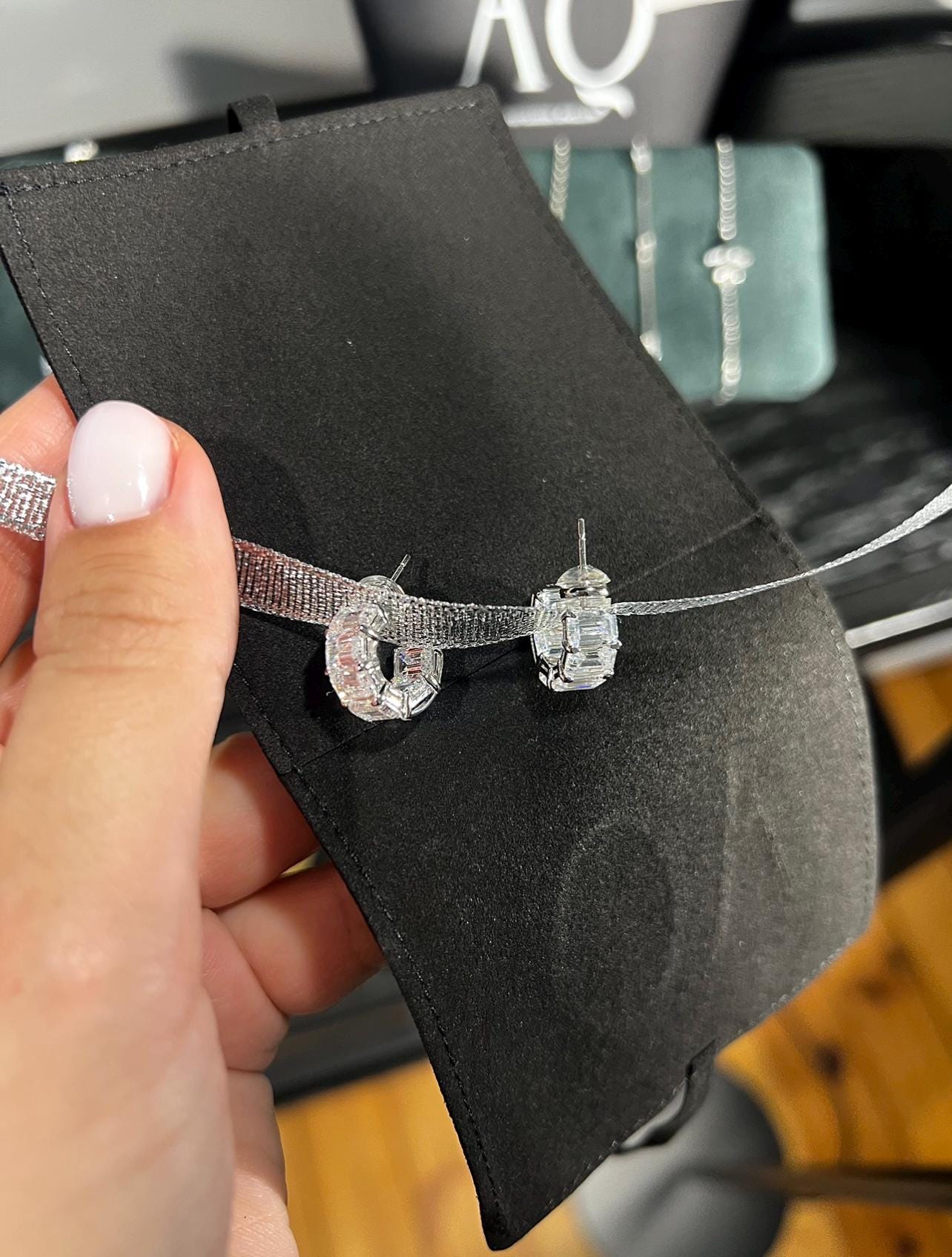 Magnificent Emerald Cut Mini Hoop Stud Earrings. Rhodium-plated Sterling Silver 925 + High Carbon Diamonds.
