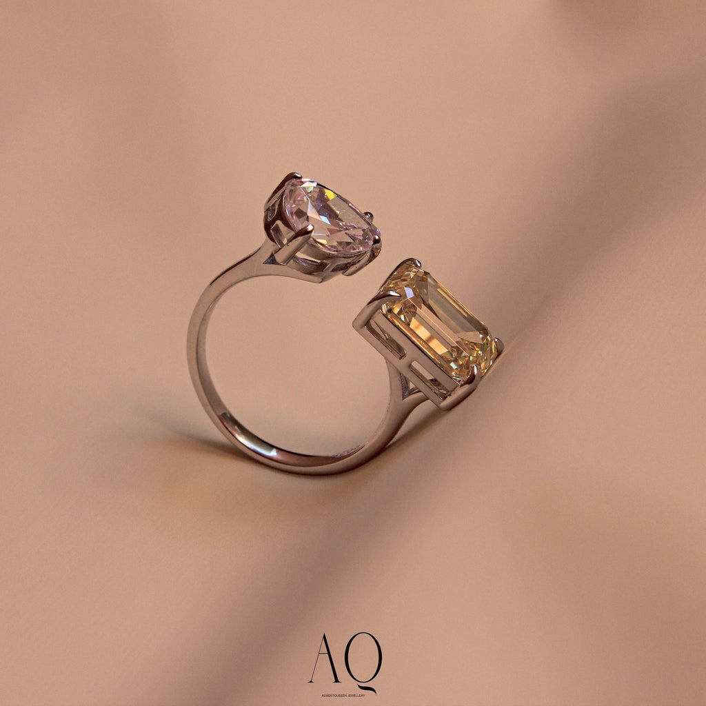 Yellow Emerald & Pear Cut Sterling Silver Ring - Resizable