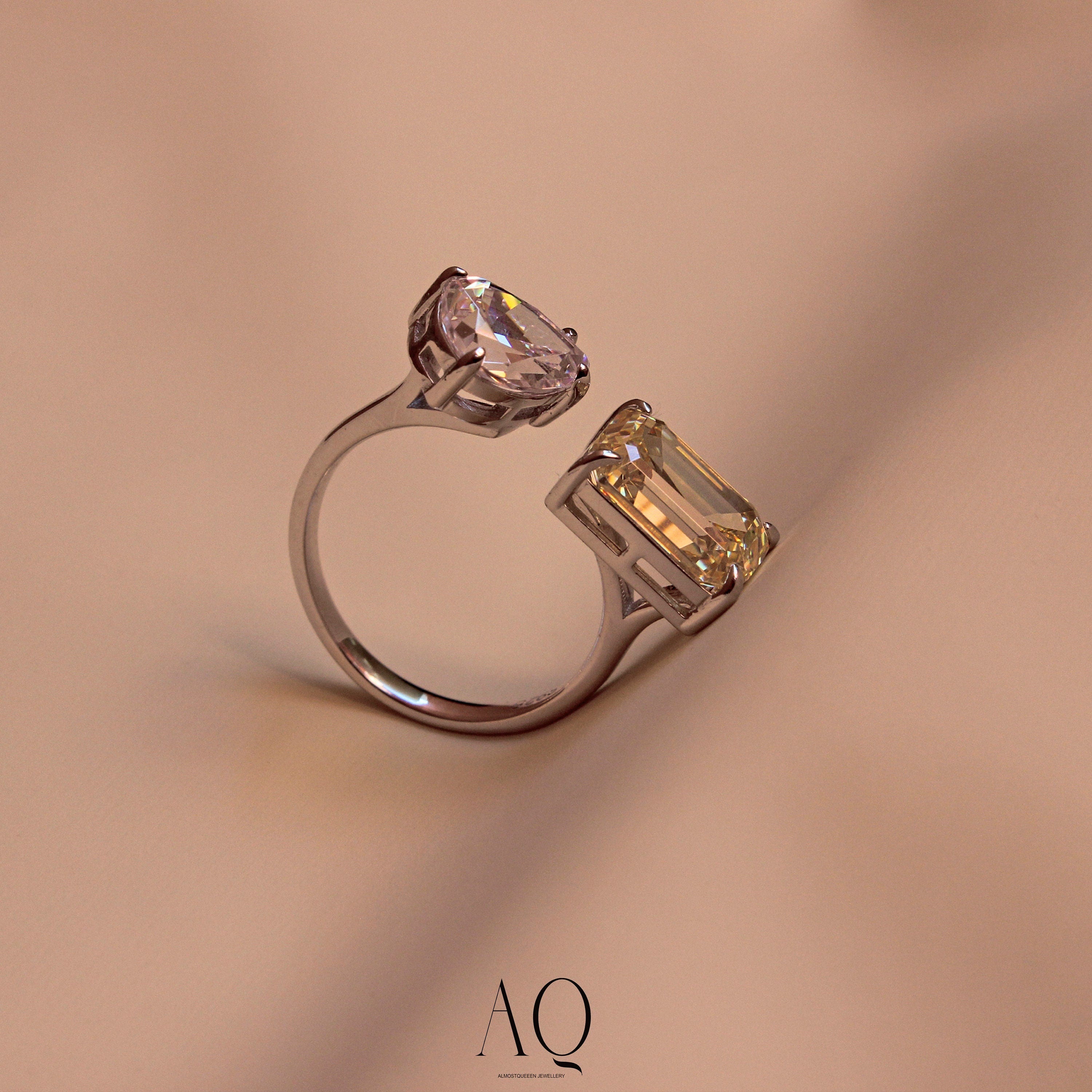 Yellow Emerald & Pear Cut Sterling Silver Ring - Resizable