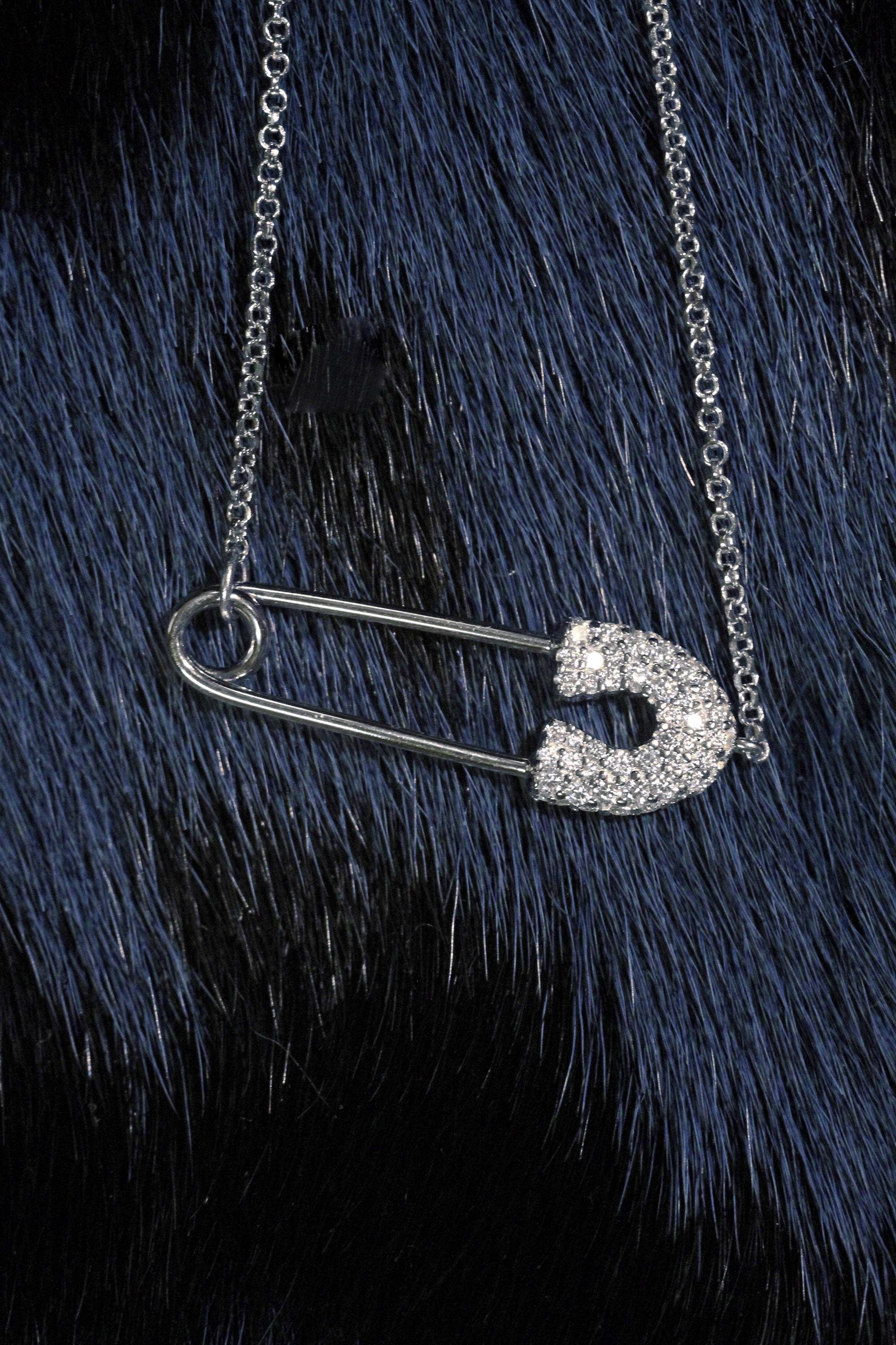 Safety Pin Necklace or Choker. Rhodium-plated Sterling Silver 925 + High Carbon Diamonds.