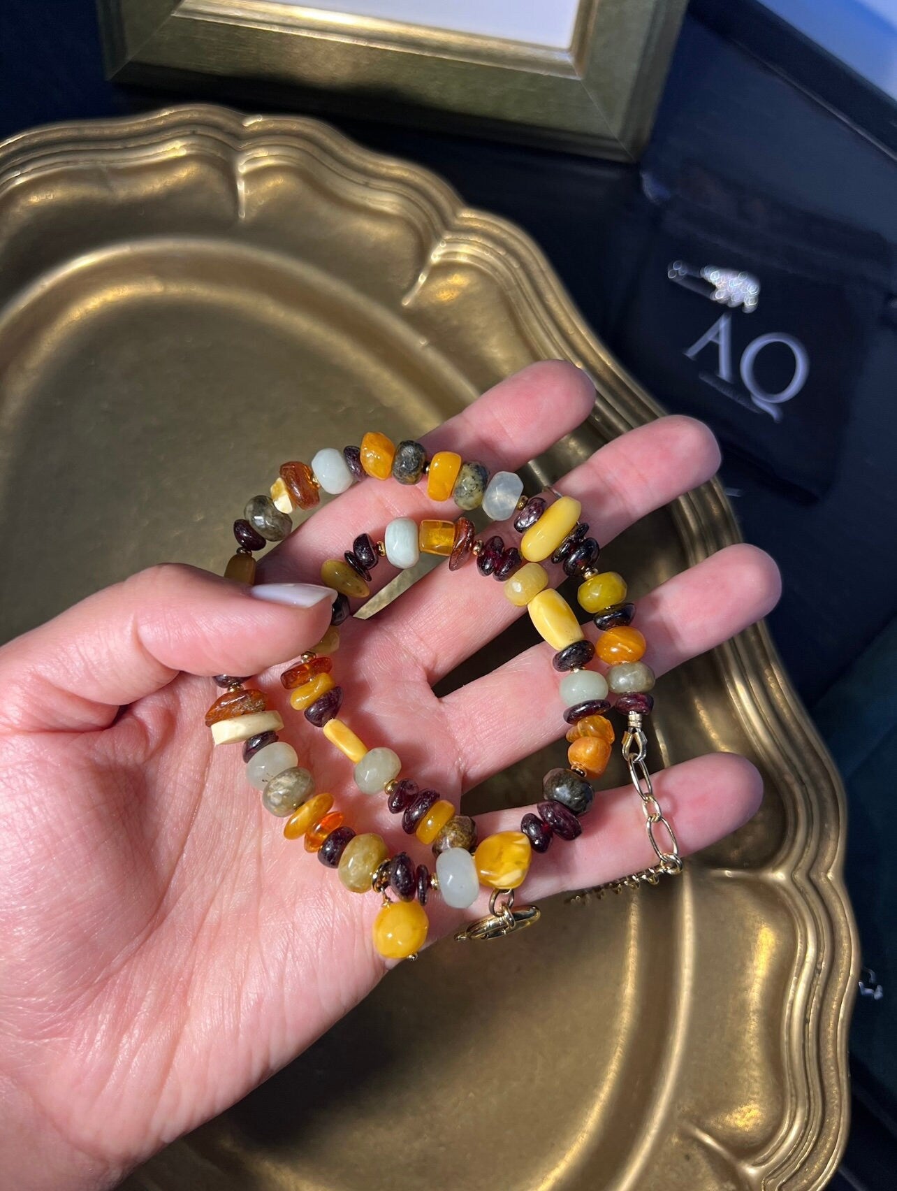Vintage Amber Double Bracelet: Raw Garnet & Jade.