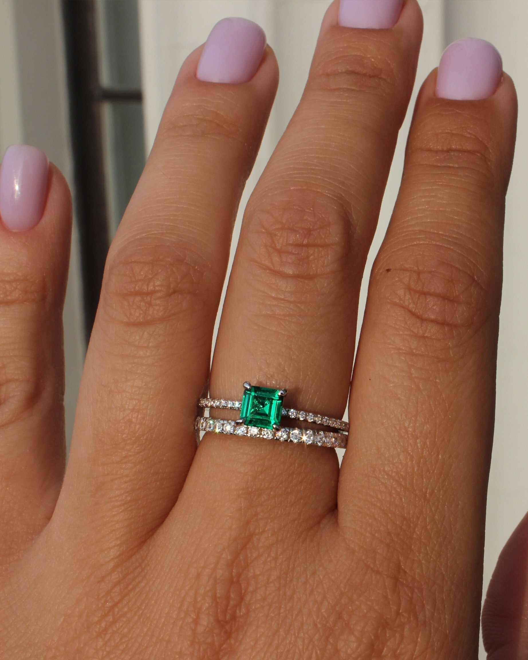 Emerald Square Ring Set. Rhodium-plated Sterling Silver + High Carbon Diamonds.