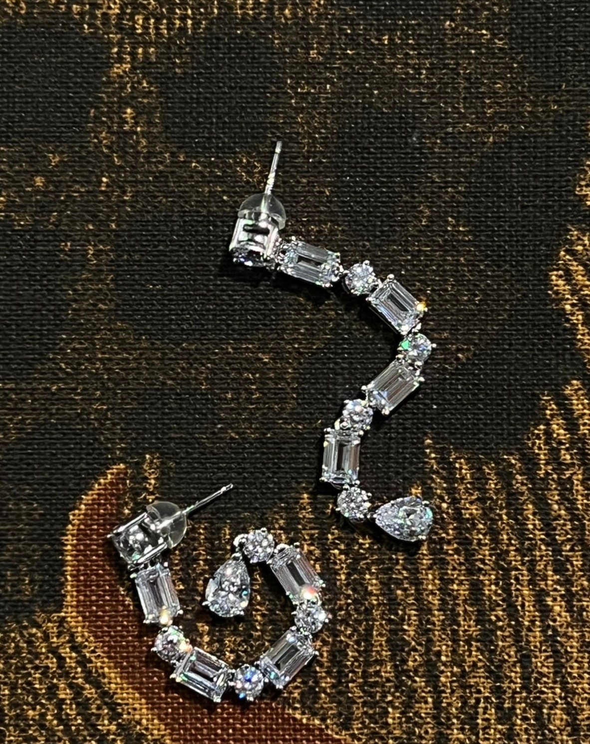 Long Multi-Shape Statement Earrings: Emerald, Diamond & Pear Cuts.