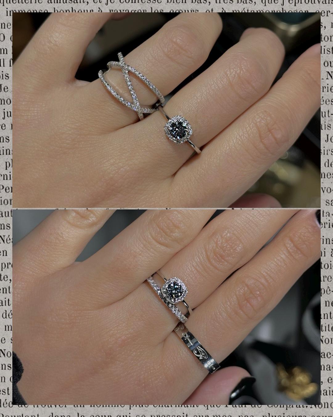 Gray Moissanite Ring. Rhodium-plated Sterling Silver 925.