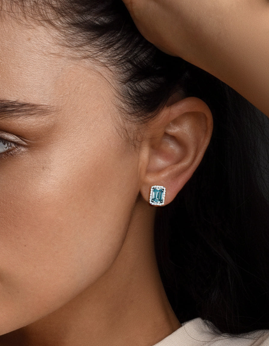 Ethereal Sky Blue Earrings. Emerald Cut Moissanites + Rhodium-plated Sterling Silver 925.