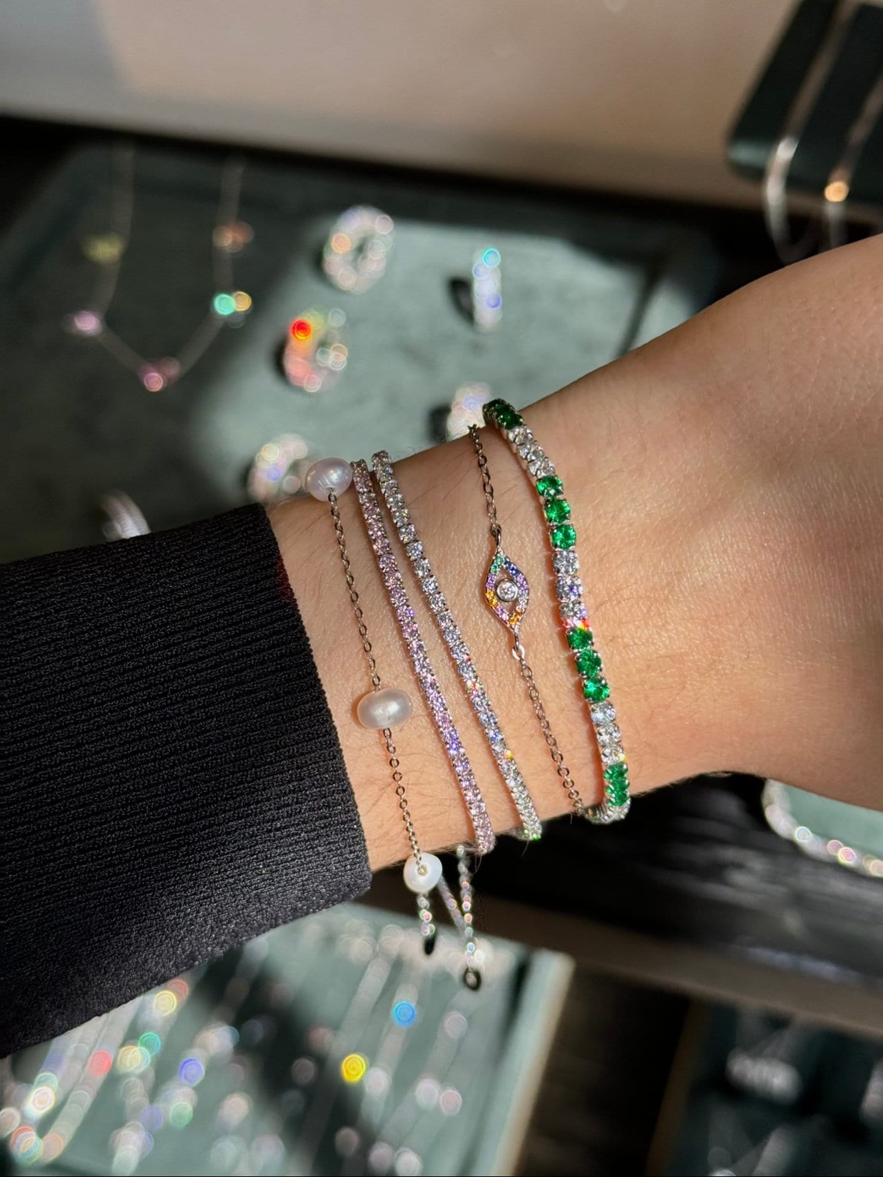 Green & White Tennis Bracelet. Rhodium-plated Sterling Silver 925 + High Carbon Diamonds.
