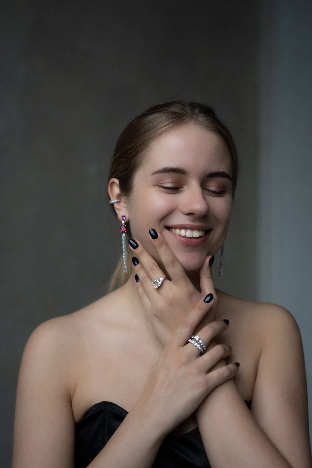 Long Ruby Statement Earrings with Chain Brushes.