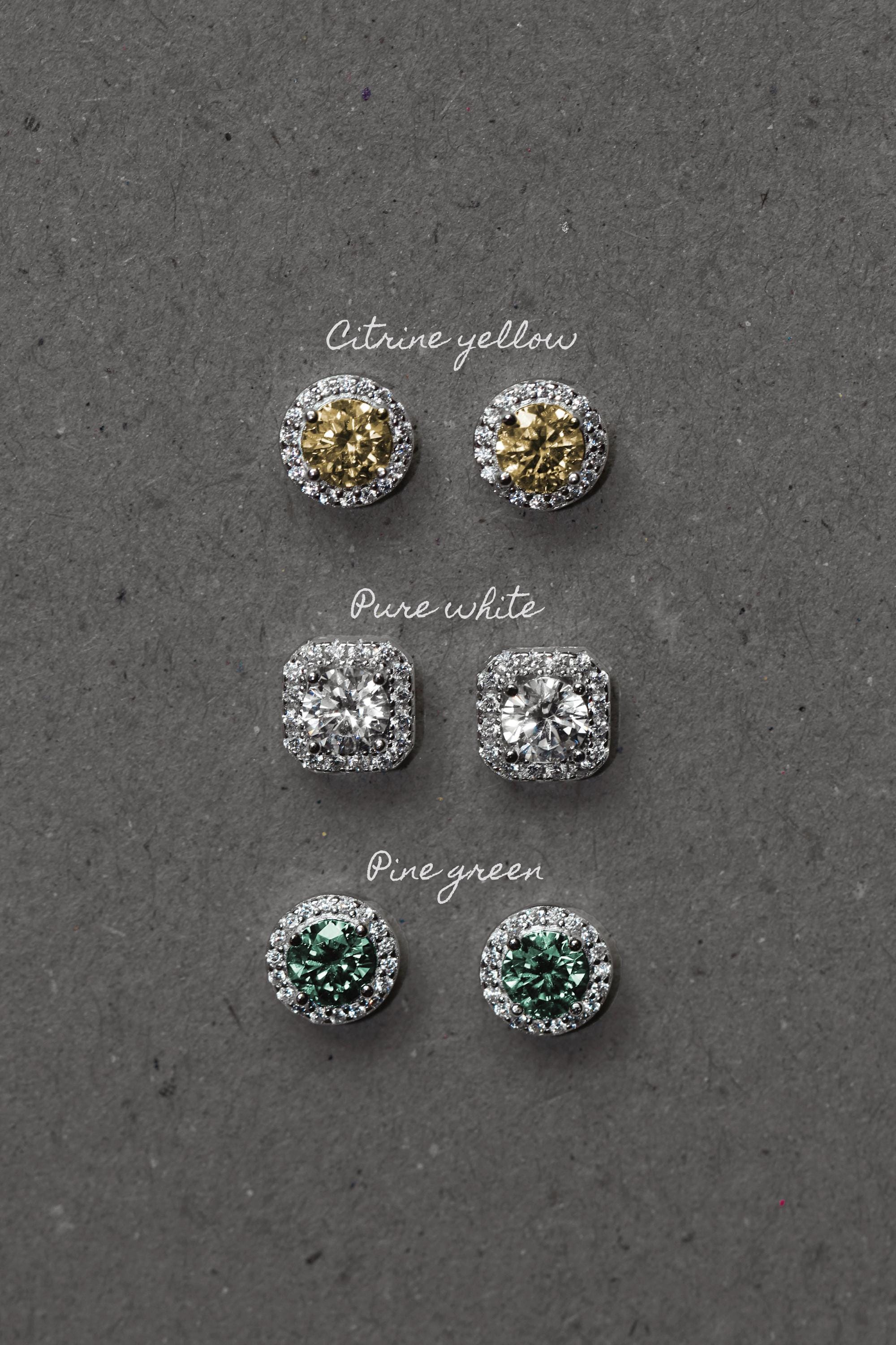 Elegant Moissanite Citrine Yellow Stud Earrings: Sterling Silver 925, Rhodium Plated.