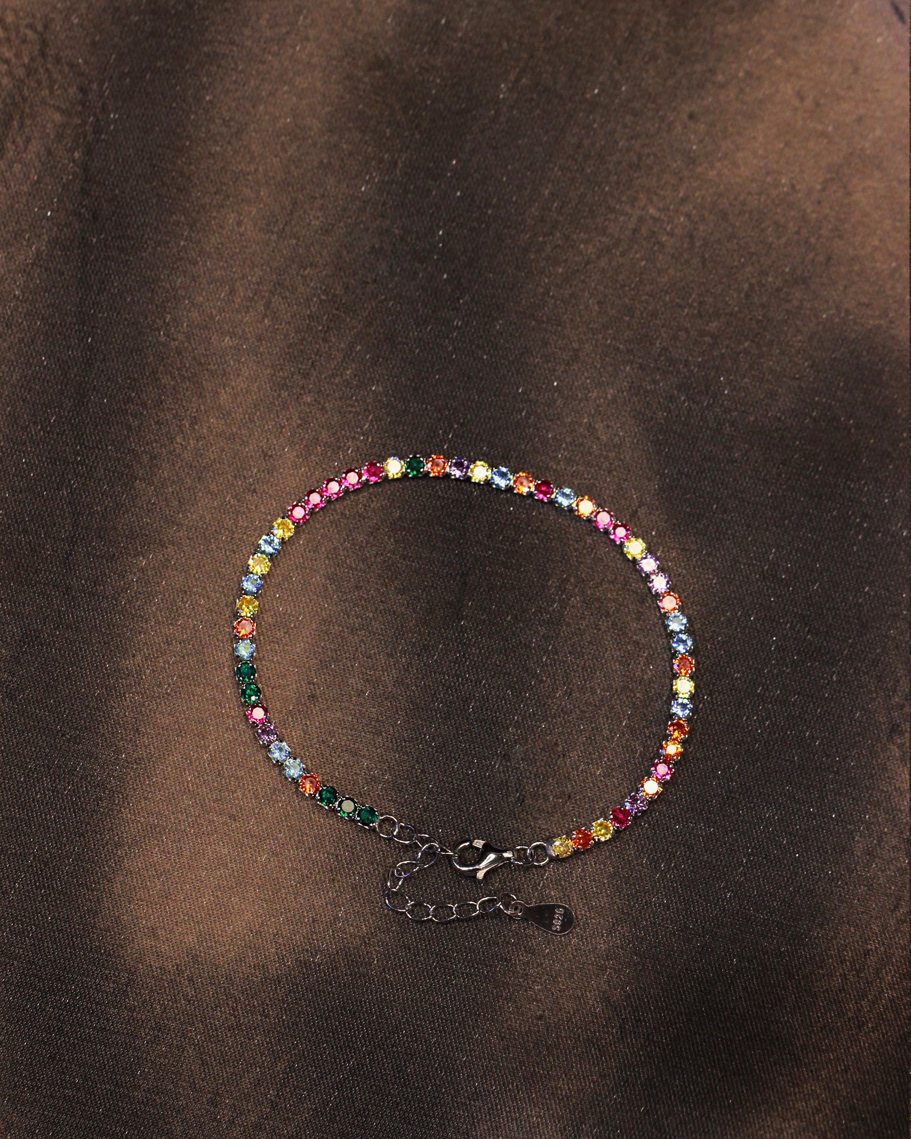 Vibrant tennis anklet. Sterling silver 925 anklet with colorful high carbon diamonds