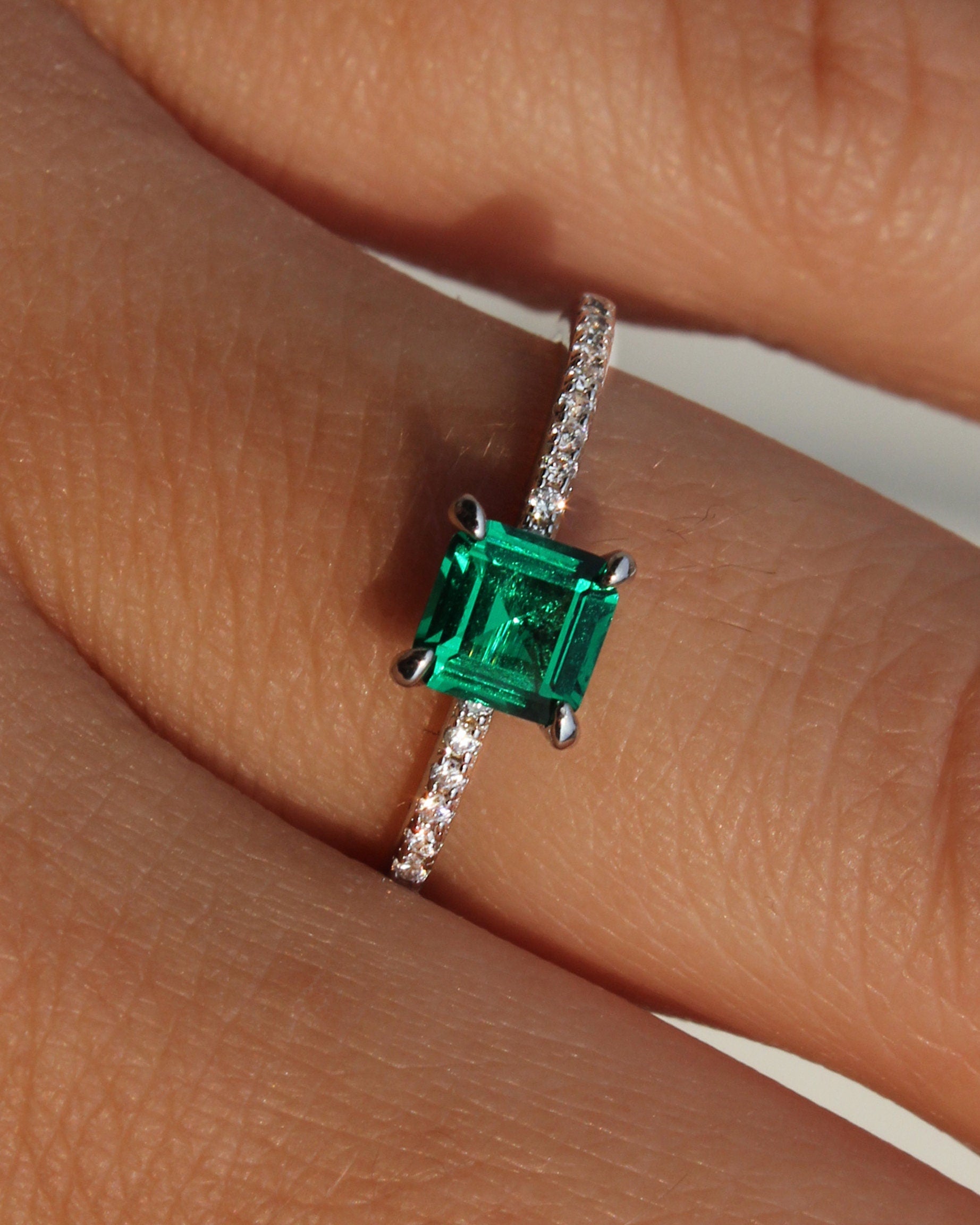 Emerald Square Ring Set. Rhodium-plated Sterling Silver + High Carbon Diamonds.
