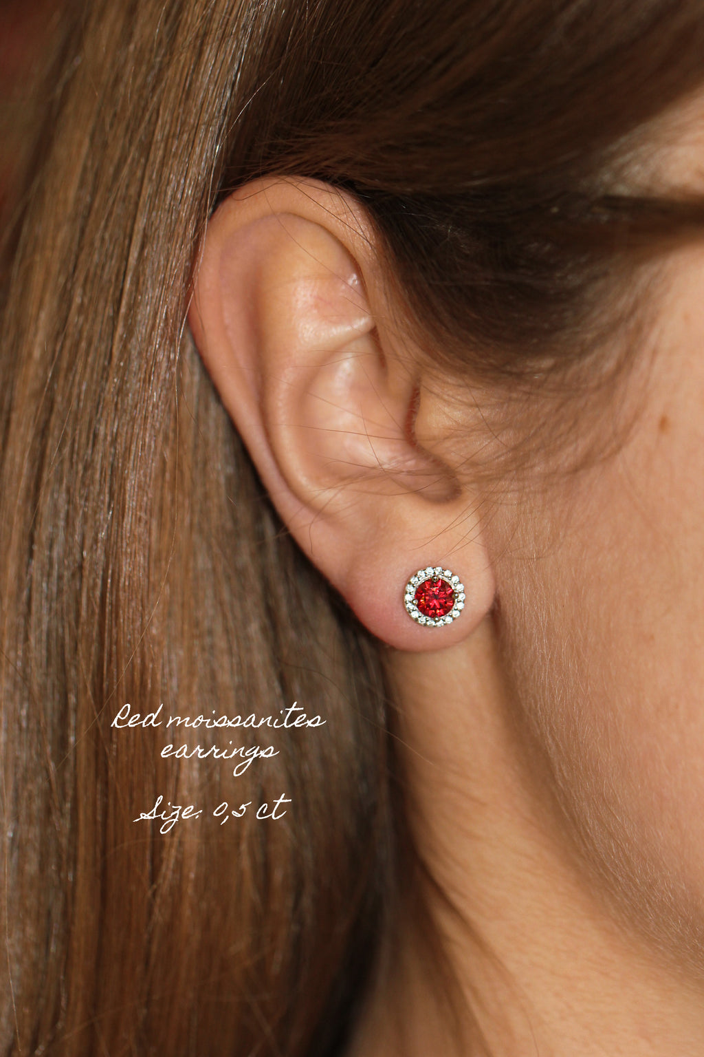 Deep Red Moissanite Stud Earrings: Rhodium-Plated Sterling Silver 925