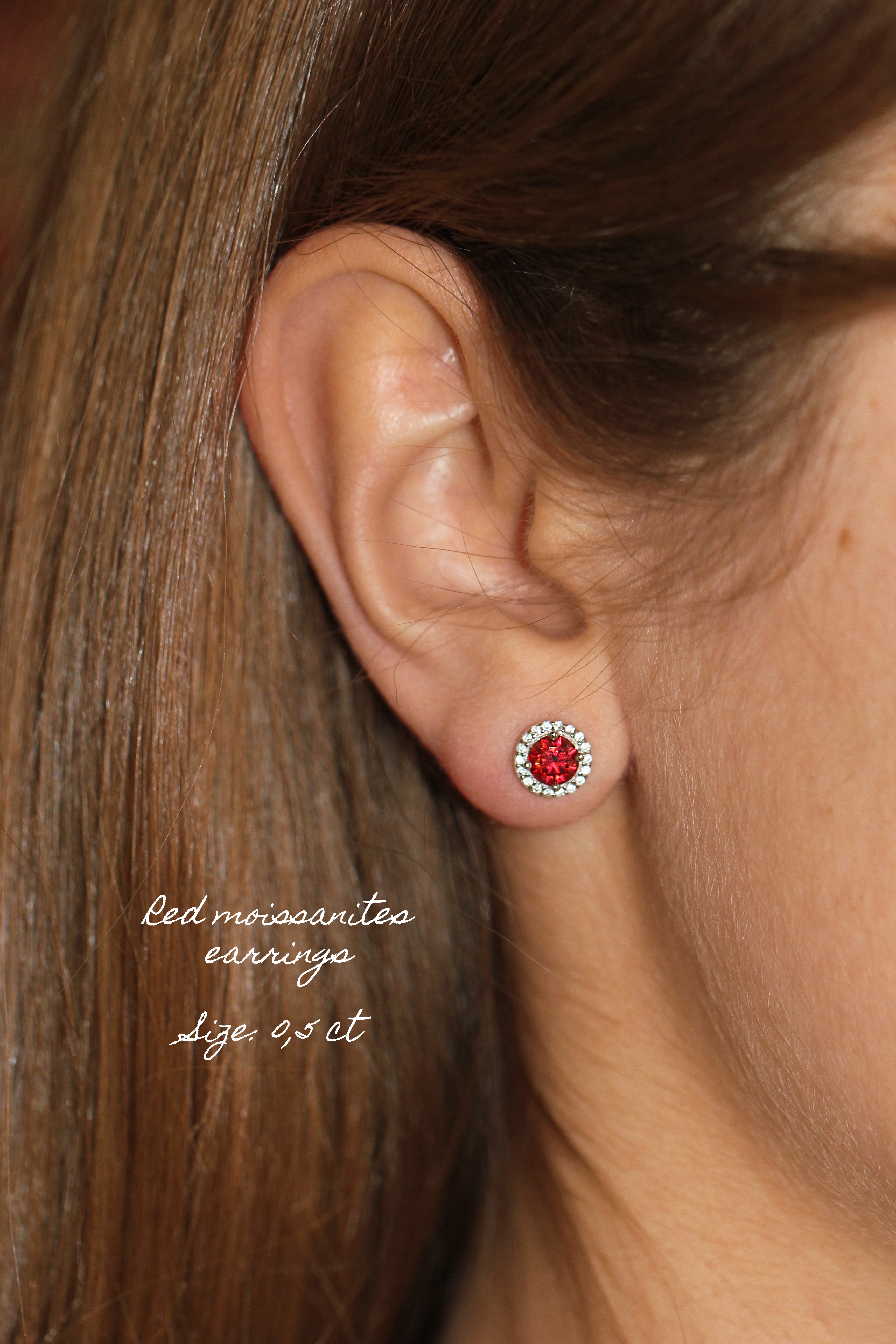 Deep Red Moissanite Stud Earrings: Rhodium-Plated Sterling Silver 925