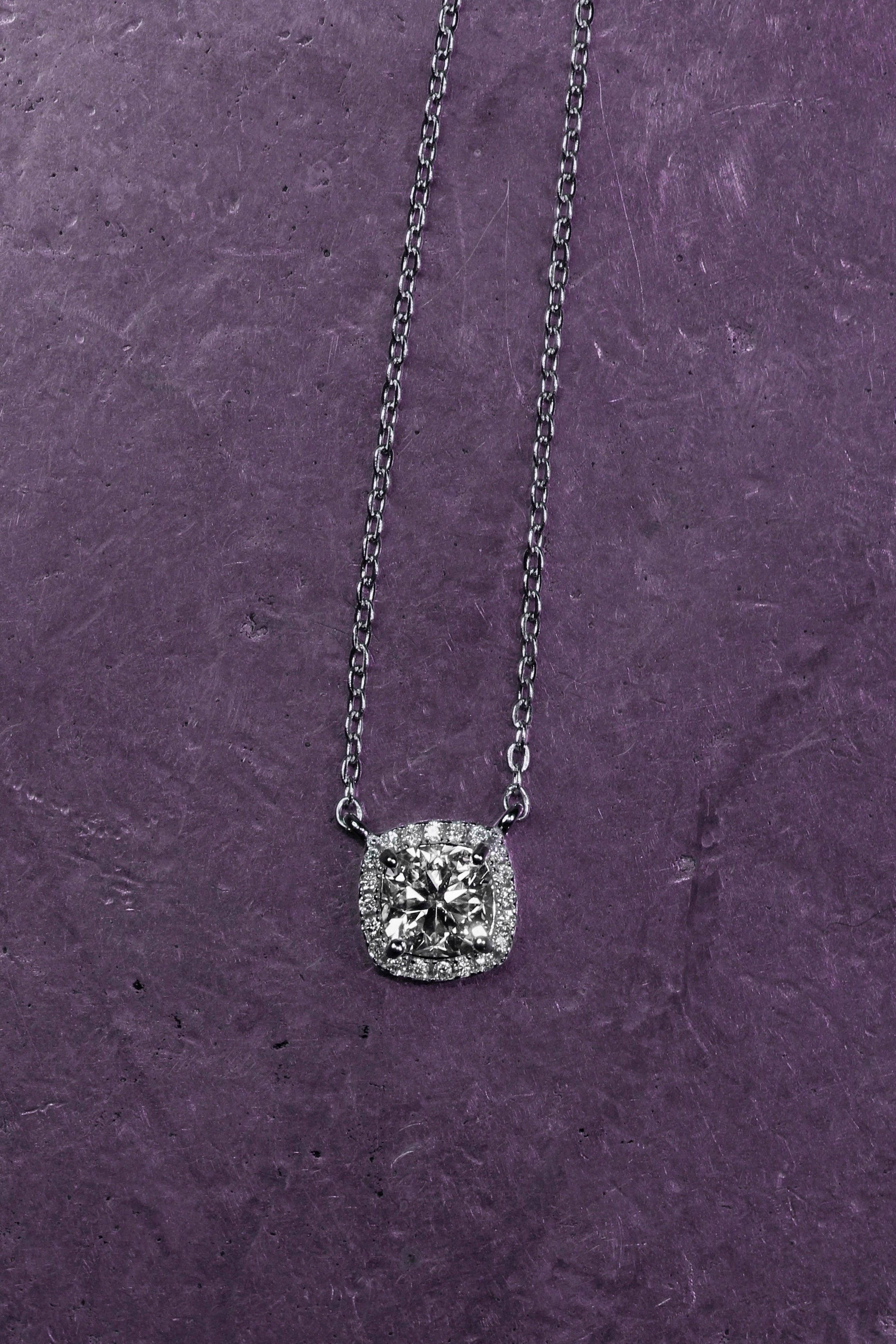 Moissanite Cushion Pendant: Rhodium Plated Sterling Silver 925 Necklace
