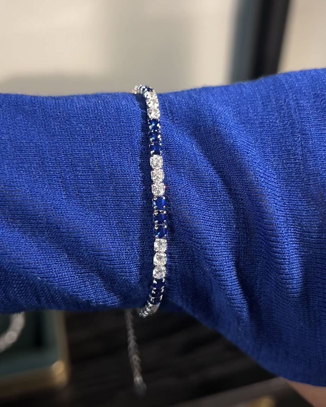 Blue & White Tennis Bracelet. Rhodium-plated Sterling Silver 925 + High Carbon Diamonds.