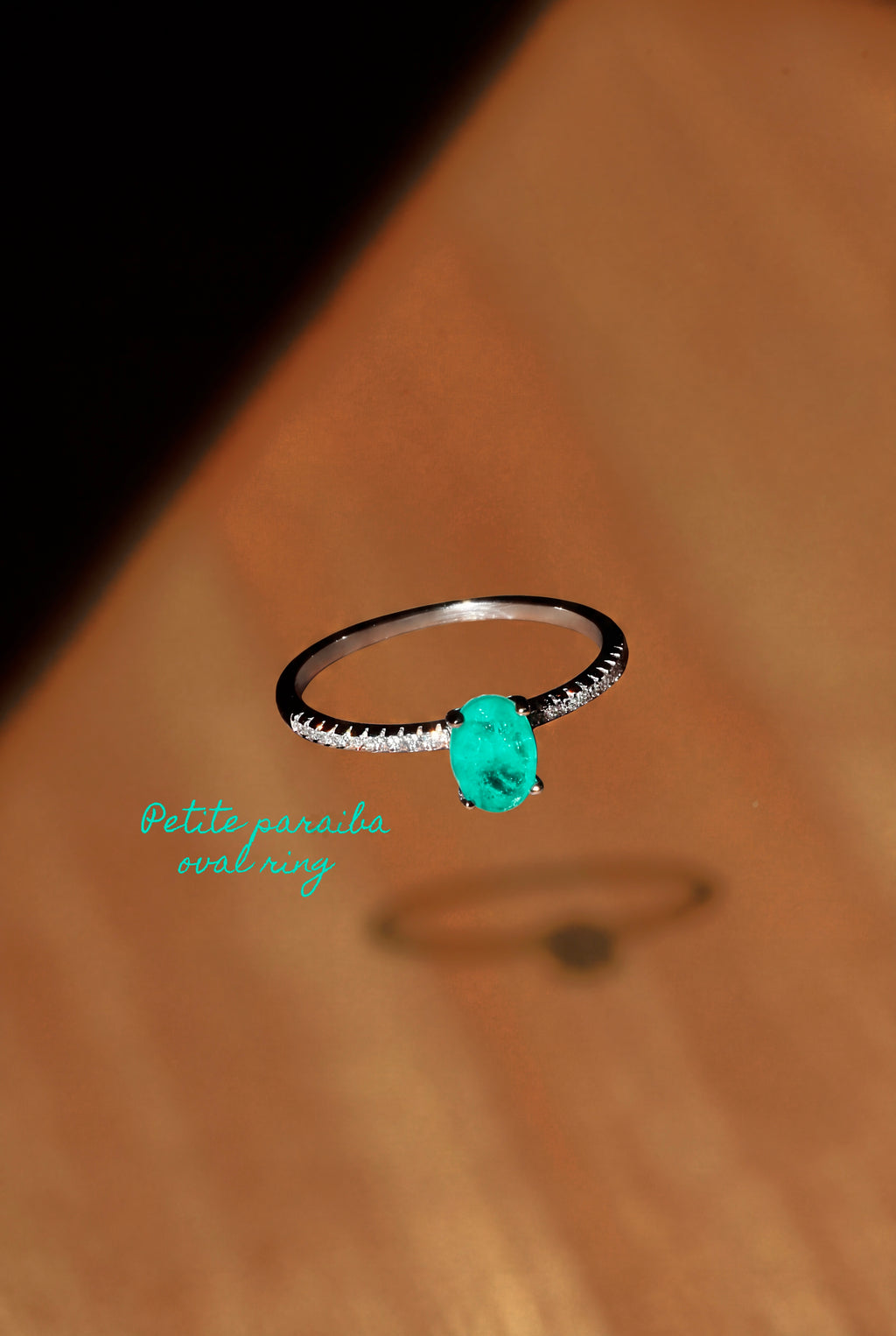 Petite Paraiba Oval Ring. Rhodium-plated Sterling Silver + High Carbon Diamonds