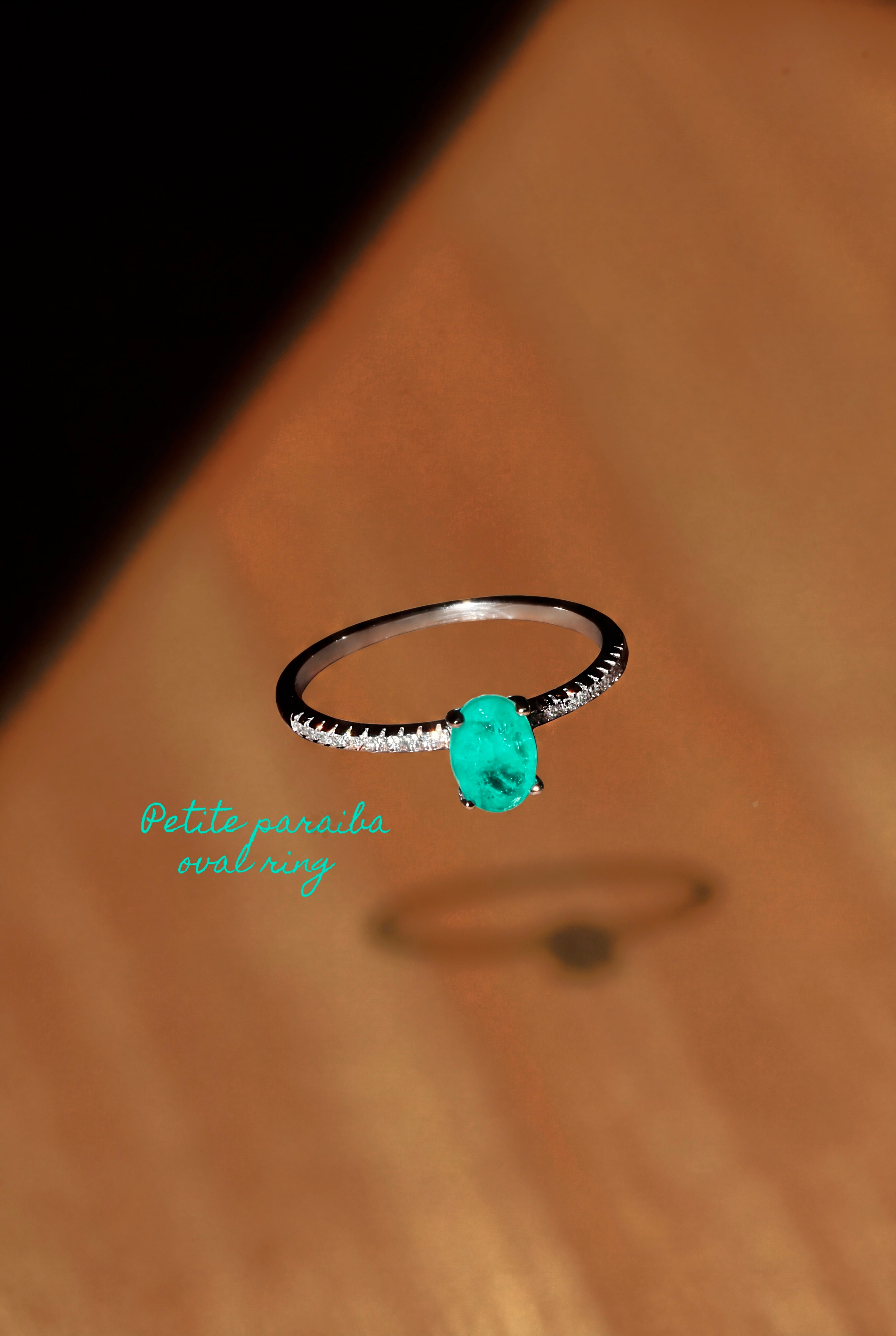 Petite Paraiba Oval Ring. Rhodium-plated Sterling Silver + High Carbon Diamonds