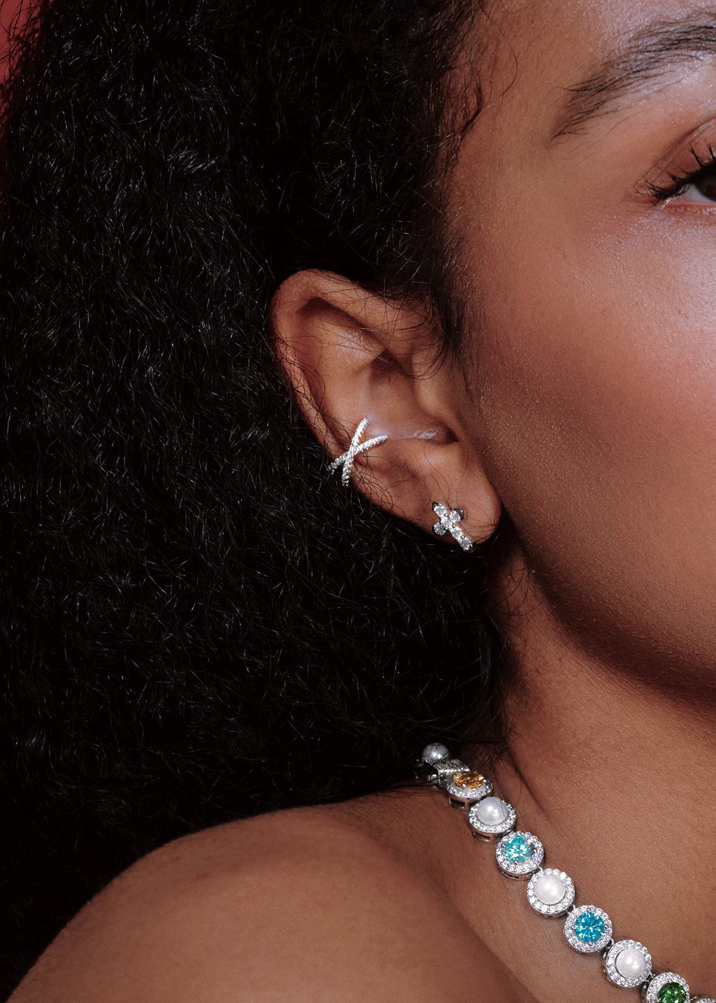 "X" Ear Cuff. Rhodium-plated Sterling Silver 925 + High Carbon Diamonds. No Piercing Earring.