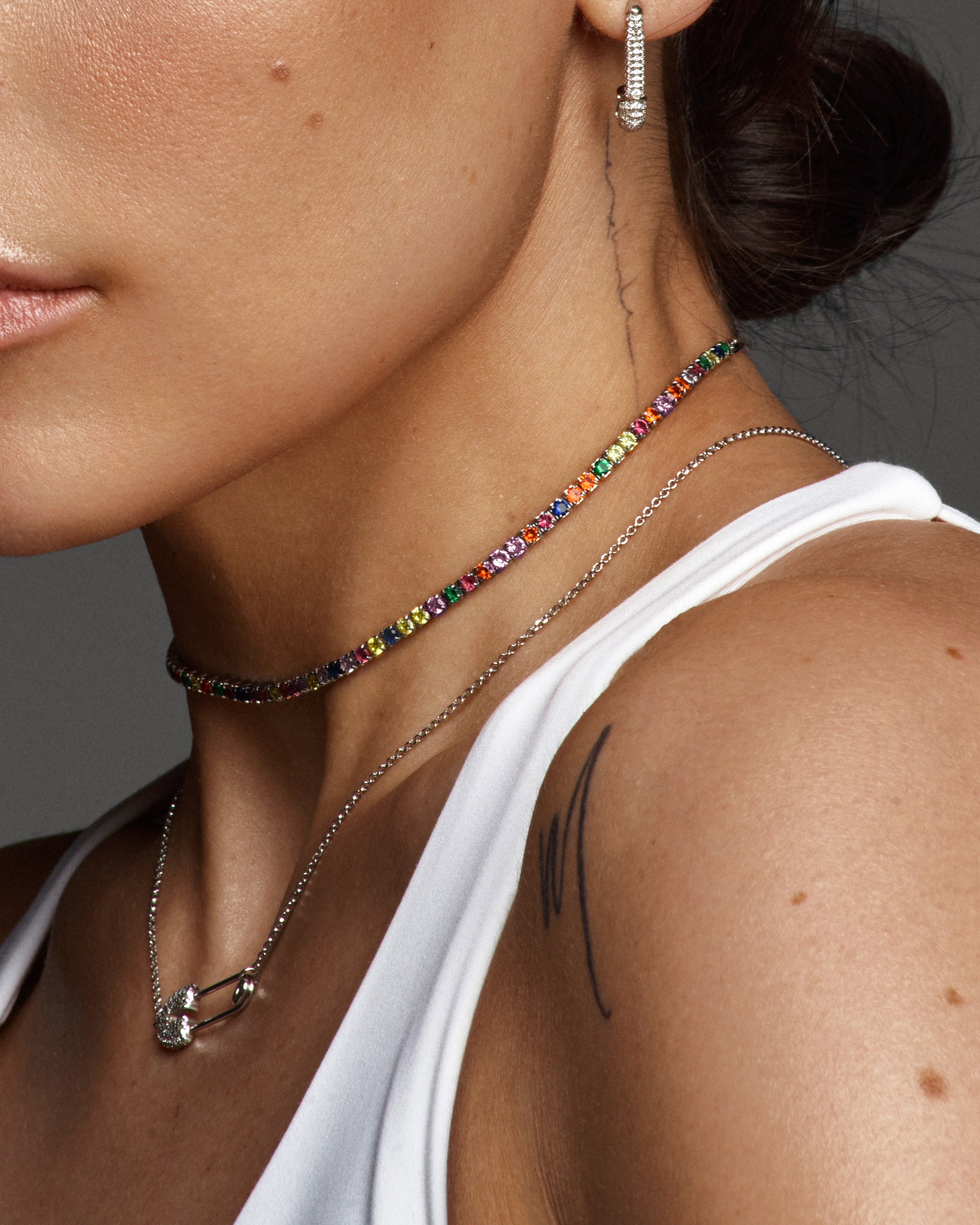 Charming Vibrant Tennis Choker. Rhodium-plated Sterling Silver 925 + High Carbon Diamonds.